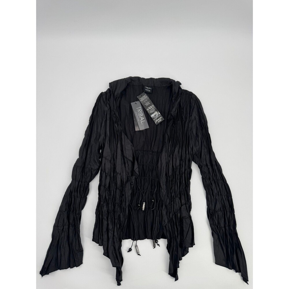 NWT Tribal Crinkle Open Front Jacket Blouse Women's 4 Black Long Sleeve Classic